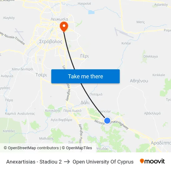 Anexartisias - Stadiou to Open University of Cyprus map