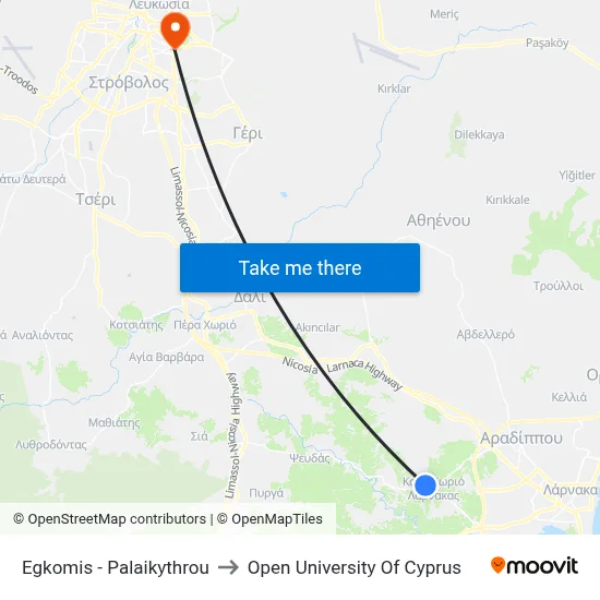 Engomi - Palaikythrou to Open University of Cyprus map