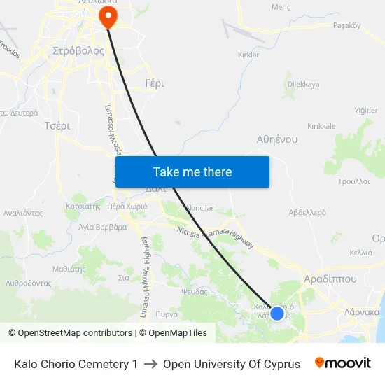 Kalo Chorio Cemetery to Open University of Cyprus map