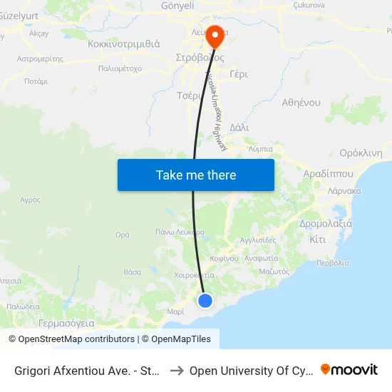 Grigoris Afxentiou Ave. - Stadiou to Open University of Cyprus map