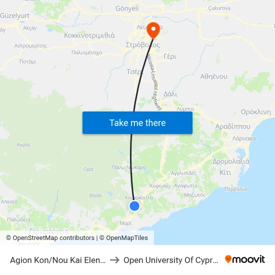 Ag. Kon/Nou Kai Elenis to Open University of Cyprus map