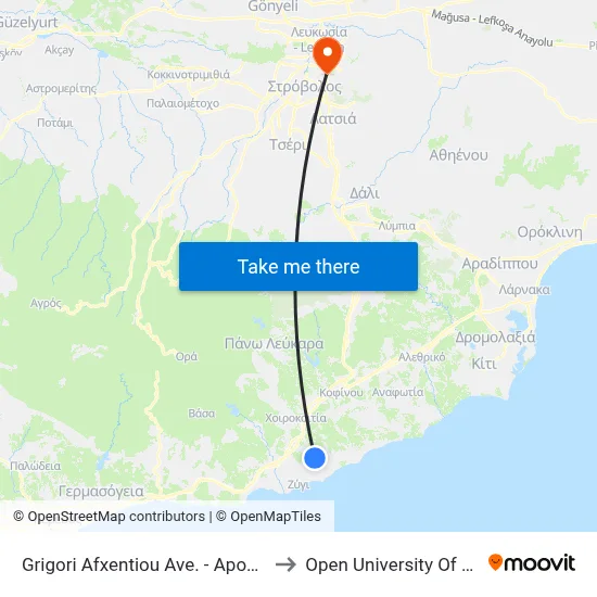 Grigori Afxentiou Ave. - Apostolos Loukas to Open University of Cyprus map