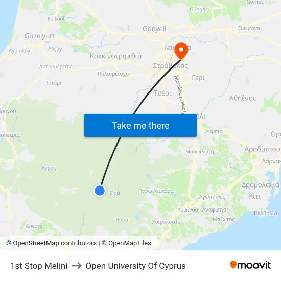 1st Stop Melini to Open University of Cyprus map