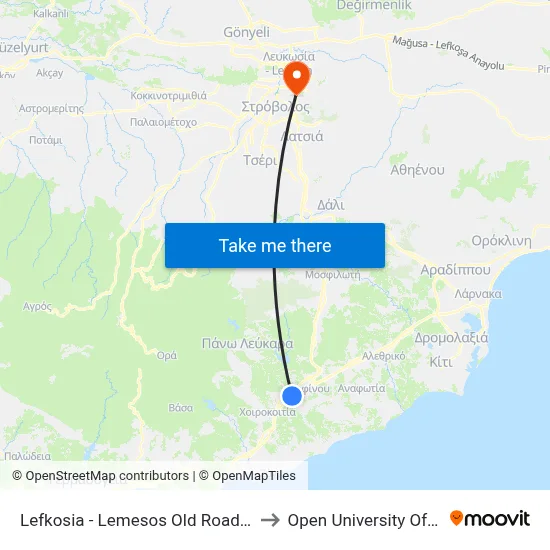 Nicosia - Limassol Old Road - 1st Stop to Open University of Cyprus map