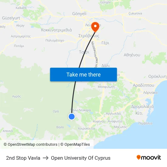 2nd Stop Vavla to Open University of Cyprus map