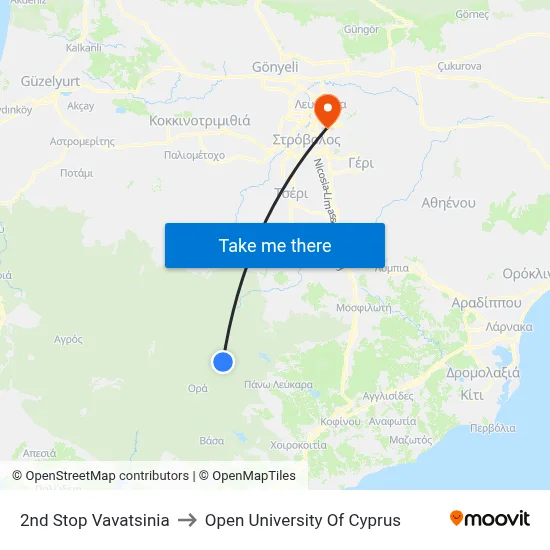 2nd Stop Vavatsinia to Open University of Cyprus map
