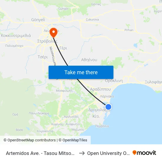 Artemidos Ave. - Tasou Mitsopoulou Ave. to Open University of Cyprus map