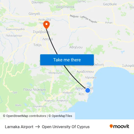 Larnaka Airport to Open University of Cyprus map