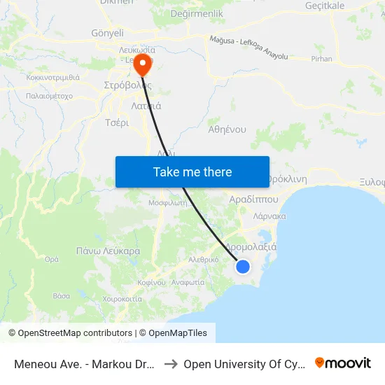 Meneou Ave - Markou Drakou to Open University of Cyprus map