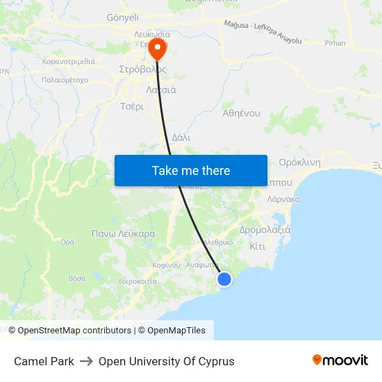 Camel Park to Open University of Cyprus map