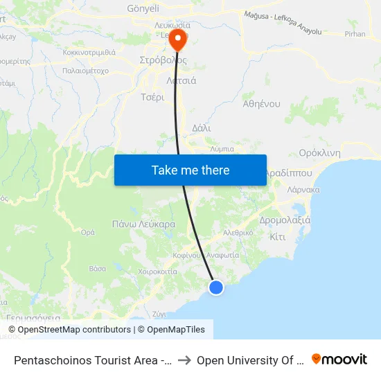 Pentaschoinos Tourist Area - 7th Stop to Open University of Cyprus map