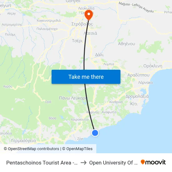 Pentaschoinos Tourist Area - 2nd Stop to Open University of Cyprus map