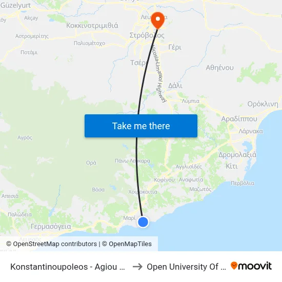 Konstantinoupoleos - Ag. Kyriakou to Open University of Cyprus map