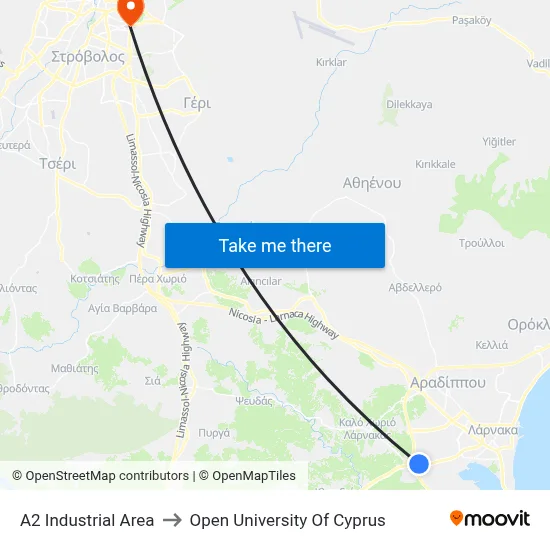 A2 Industrial Area to Open University of Cyprus map