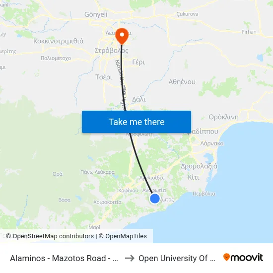 Alaminos - Mazotos Road - 1st Stop to Open University of Cyprus map