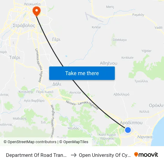 Department Of Road Transport to Open University of Cyprus map