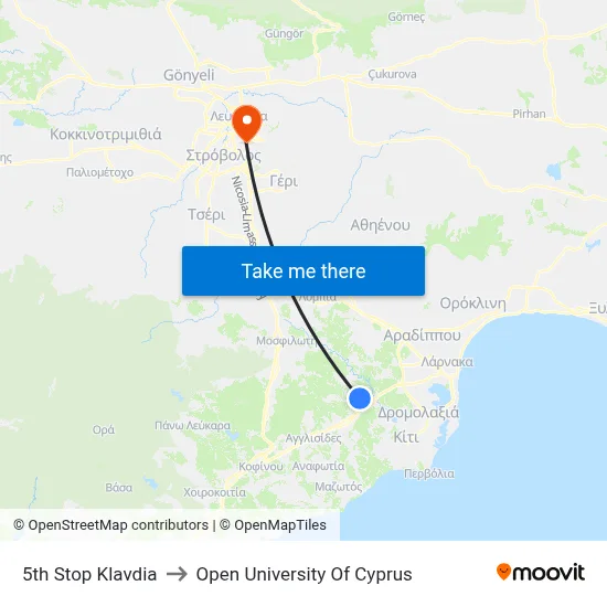 5th Stop Klavdia to Open University of Cyprus map