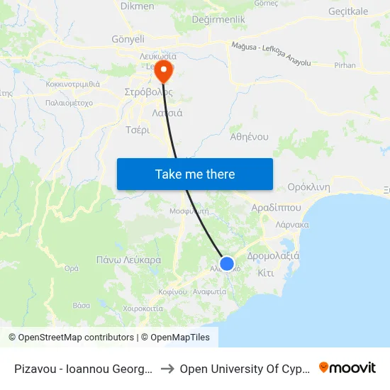 Pizavou - Ioannou Georgiou to Open University of Cyprus map