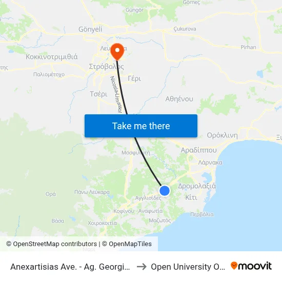Anexartisias Ave. - Ag. Georgiou Xorinou to Open University of Cyprus map