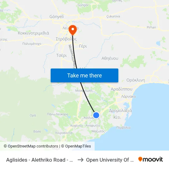 Aglisides - Alethriko Road - 2nd Stop to Open University of Cyprus map