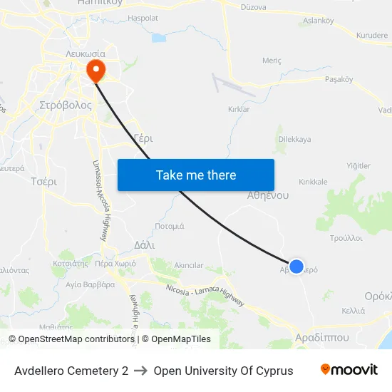 Avdellero Cemetery to Open University of Cyprus map