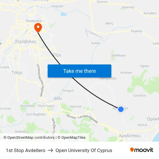 1st Stop Avdellero to Open University of Cyprus map