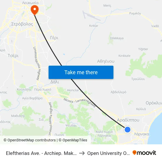 Eleftherias Ave - Archbishop Makarios III Ave to Open University of Cyprus map