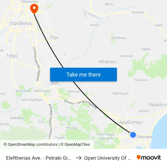Eleftherias Avenue - Petraki Giallourou to Open University of Cyprus map