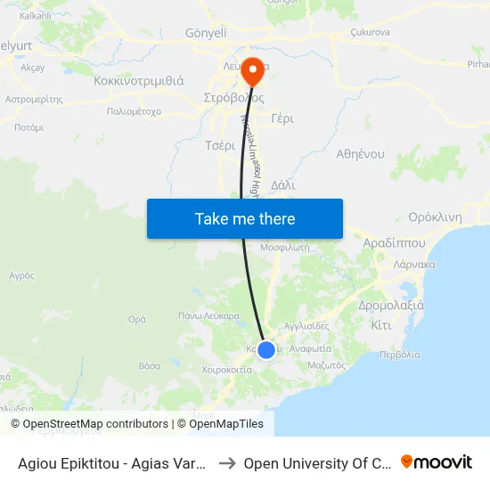 Ag. Epiktitou - Ag. Varvaras to Open University of Cyprus map