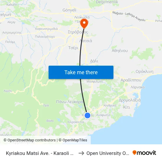 Kyriakou Matsi Avenue - Karaoli Kai Dimitriou to Open University of Cyprus map
