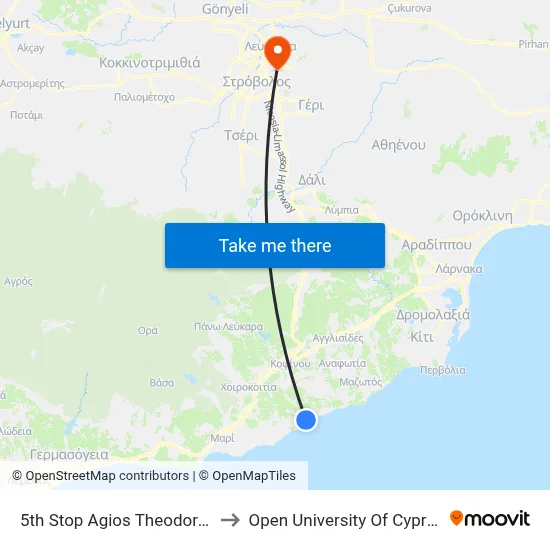 5th Stop Ag. Theodoros to Open University of Cyprus map