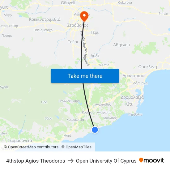 3rd Stop Ag. Theodoros to Open University of Cyprus map