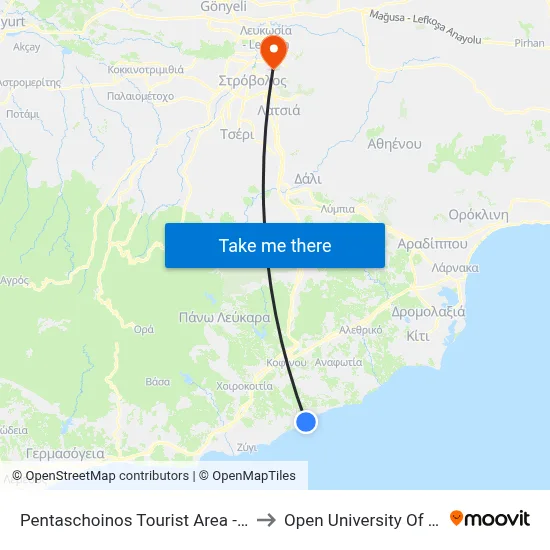 Pentaschoinos Tourist Area - 6th Stop to Open University of Cyprus map