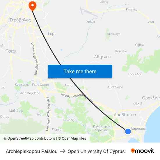 Arch. Paisiou to Open University of Cyprus map