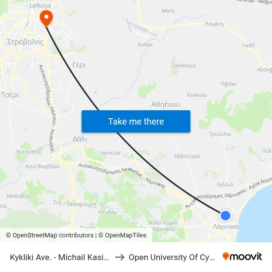 Kykliki Ave. - Michail Kasialou to Open University of Cyprus map