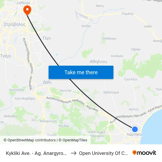 Kykliki Ave. - Ag. Anargyron Ave. to Open University of Cyprus map