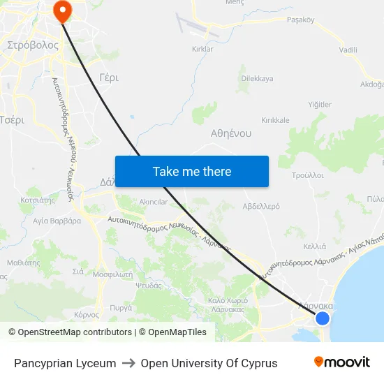 Pancyprian Lyceum to Open University of Cyprus map