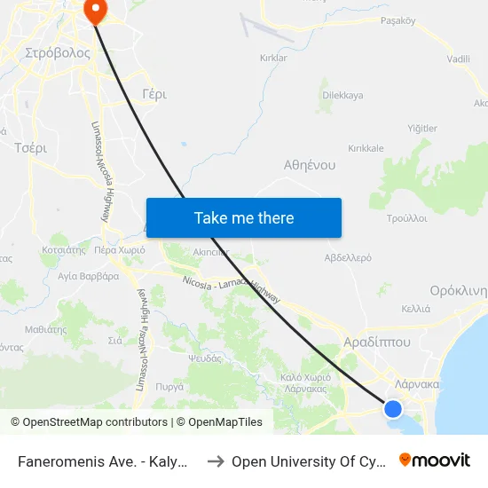 Faneromeni Ave. - Kalymnos to Open University of Cyprus map