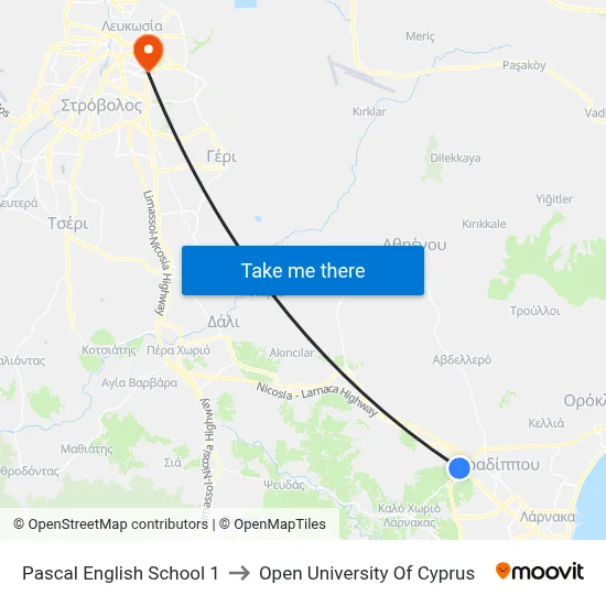 Pascal English School 1 to Open University of Cyprus map
