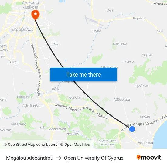 Megalou Alexandrou to Open University of Cyprus map