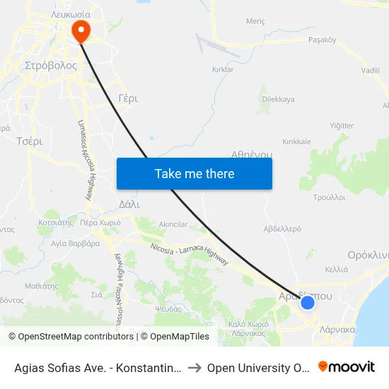Ag. Sofias Ave. - Konstantinou Davaki to Open University of Cyprus map