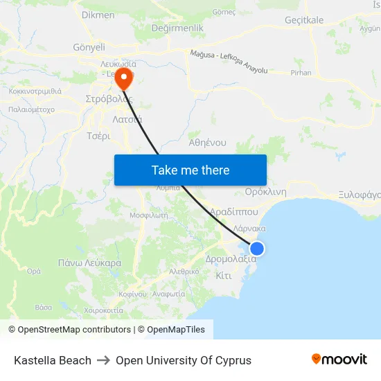 Kastella Beach to Open University of Cyprus map