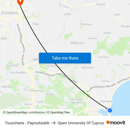 Touzchane - Papoutsialik to Open University of Cyprus map