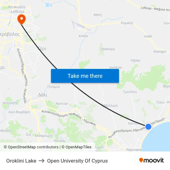 Oroklini Lake to Open University of Cyprus map
