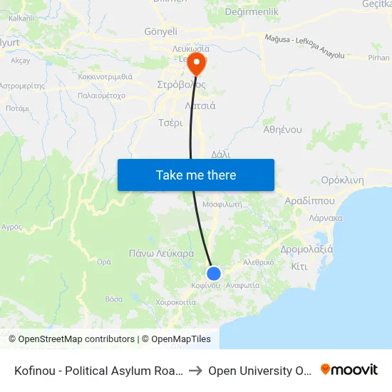 Kofinou - Political Asylum Road - 1st Stop to Open University of Cyprus map