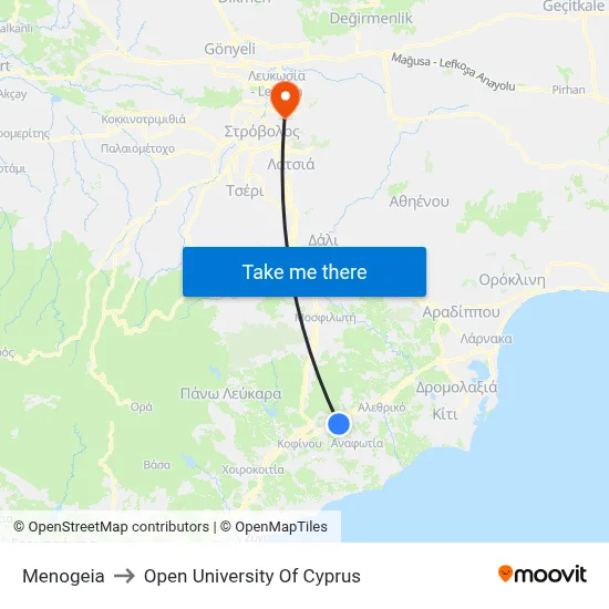 Menogeia to Open University of Cyprus map