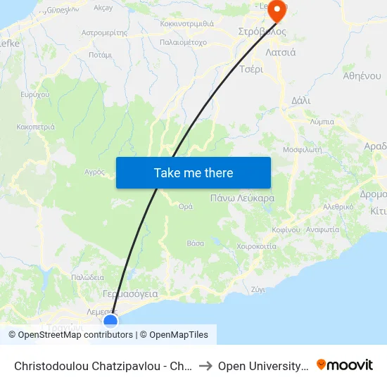 Christodoulou Chatzipavlou - Christodoulou Sozou to Open University of Cyprus map