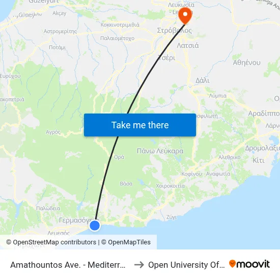 Amathountos Ave. - Mediterranean Hotel to Open University of Cyprus map