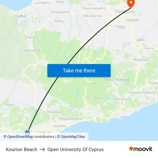 Kourion Beach to Open University of Cyprus map