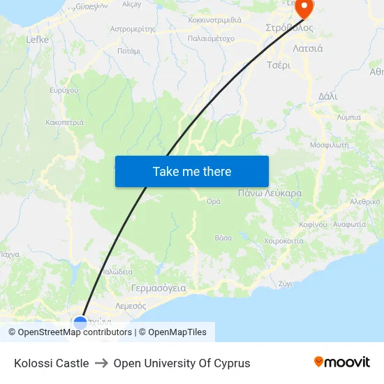 Kolossi Castle to Open University of Cyprus map